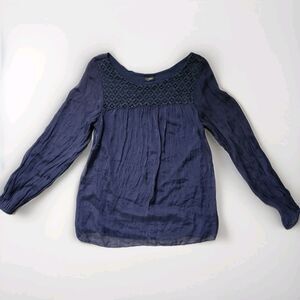 Cosmo Navy Silk Blouse Crochet Detail Lined Long Sleeve Made Italy Womens XS GUC